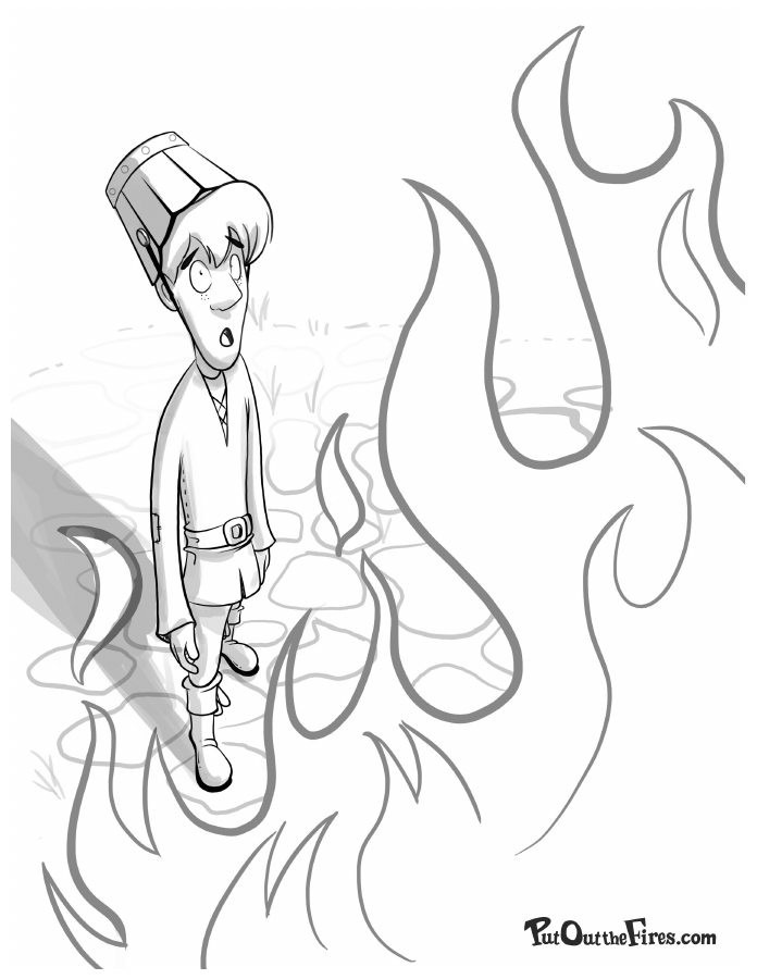 Clyde wearing his bucket helmet beside tall flames
